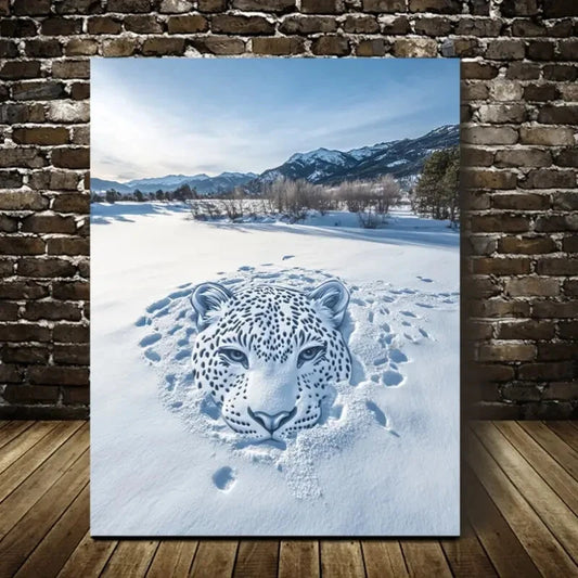 Beautiful Contemporary Leopard in Snow Painting 40x60cm Metal Print Ready to Hang - Bella Home Decor