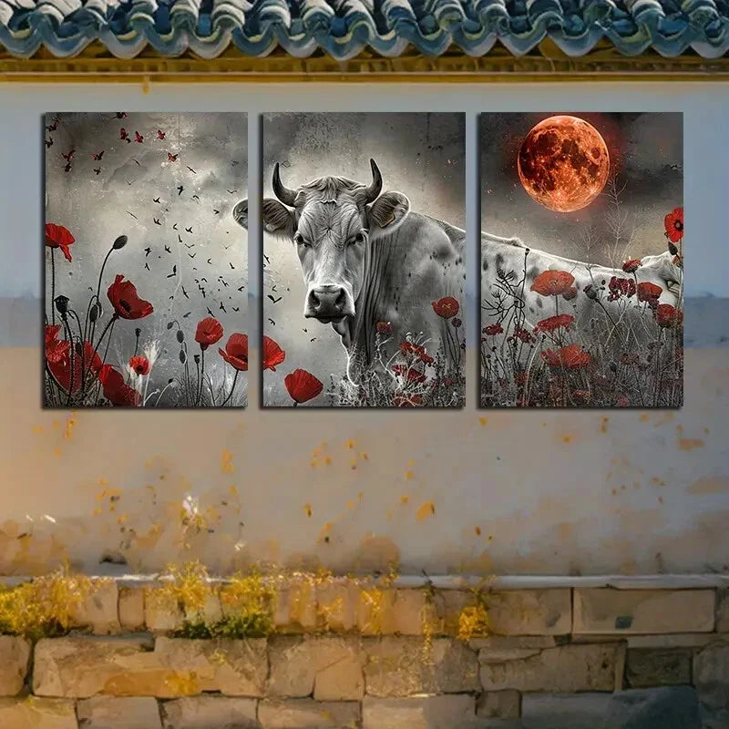 3pcs Black Cow and Poppy Fields Design Metal Print Ready to Hang Art - Bella Home Decor