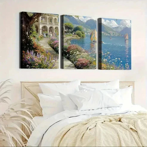 3pcs Coastal Scenery & Wildflowers Paintings  Wall Art Set Canvas Unframed - High Quality Print 100% Australian Made Wall Canvas - Bella Home Decor