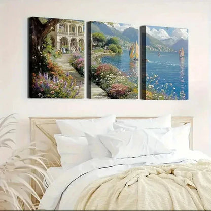 3pcs Coastal Scenery & Wildflowers Paintings  Wall Art Set Canvas Unframed - High Quality Print 100% Australian Made Wall Canvas - Bella Home Decor