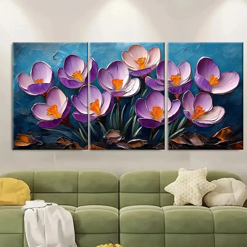 3pcs Crocus Blooms Painting Spring Flowers EI Wall Art Set Canvas Framed 40x60cm - High Quality Print 100% Australian Made Wall Canvas Ready to Hang - Bella Home Decor