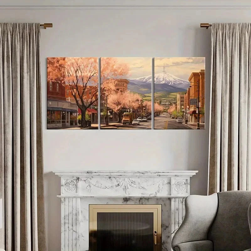 3pcs Spring Townscape with Snowy Mountain Metal Print Ready to Hang Art - Bella Home Decor