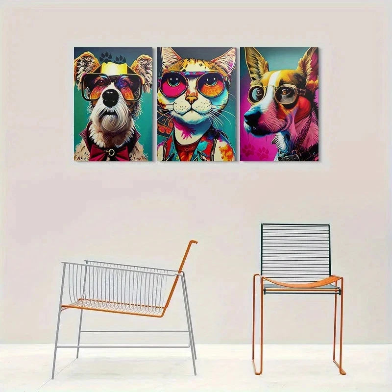 3pcs Colorful Pet Fashion Glasses & Bow Ties Metal Print Ready to Hang Art - Bella Home Decor
