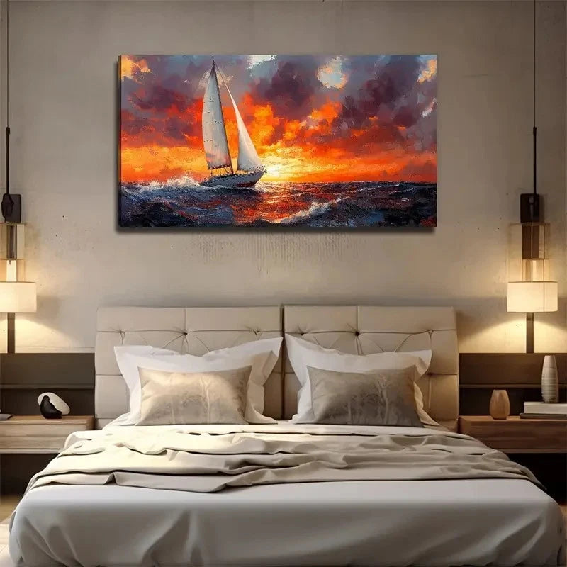Sailing Boat At Sunset Wall Art Canvas Office Home Room Framed 120x60cm