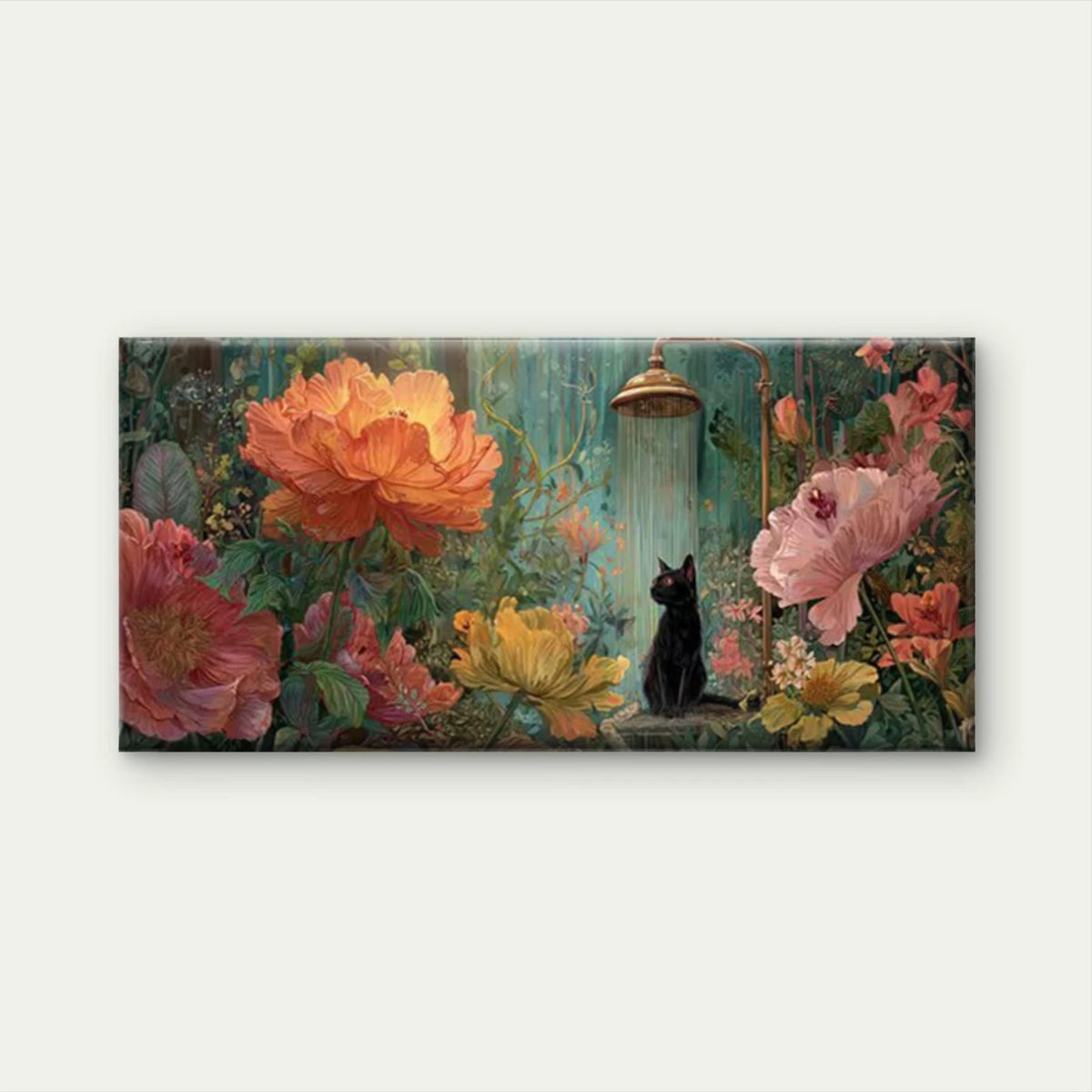 Black Cat in Floral Garden Wall Art Canvas Office Home Room Framed 120x60cm