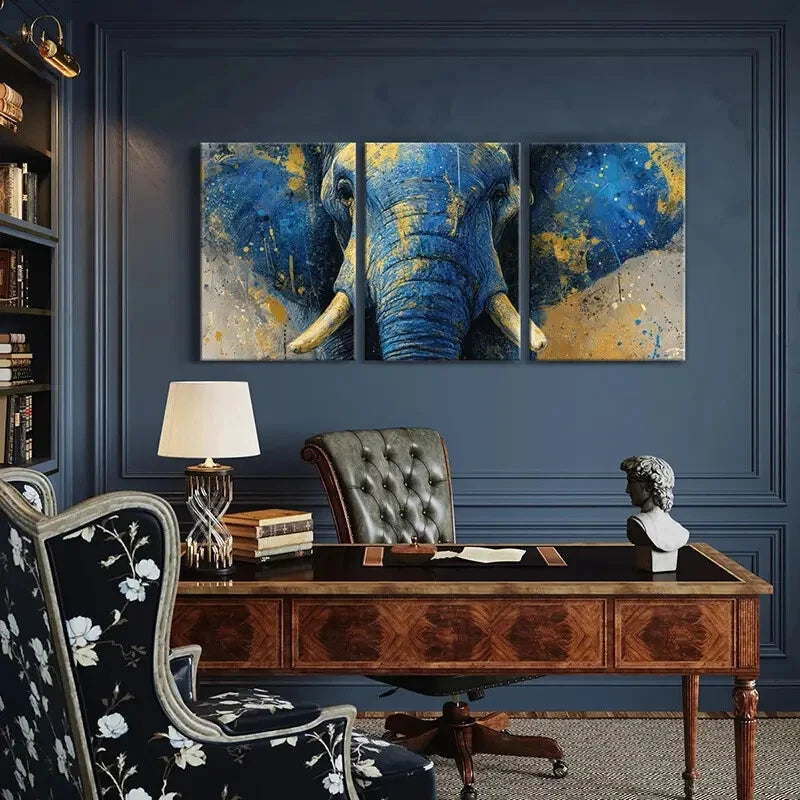 3pcs Abstract Elephant Art Blue Yellow Splash Metal Print Ready to Hang Art - Bella Home Decor