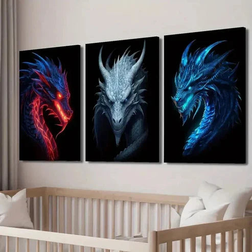 3pcs Ancient Flame Dragon with Shining Teeth Wall Art Set Canvas Unframed - High Quality Print 100% Australian Made Wall Canvas - Bella Home Decor