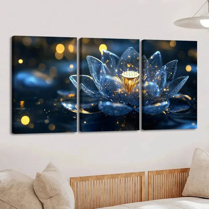 3pcs Vibrant Lotus Flower Stunning Blue & Gold Wall Art Set Canvas Unframed - High Quality Print 100% Australian Made Wall Canvas