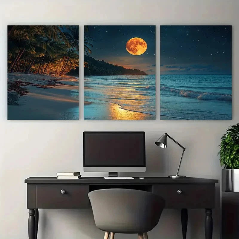 3pcs Full Moon Beach Exotic Luxury Decor Perfect Wall Art Set Canvas Framed 40x60cm - High Quality Print 100% Australian Made Wall Canvas Ready to Hang - Bella Home Decor