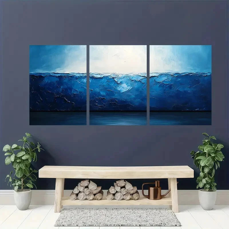 3pcs Abstract Blue and White Modern Minimalist Metal Print Ready to Hang Art - Bella Home Decor