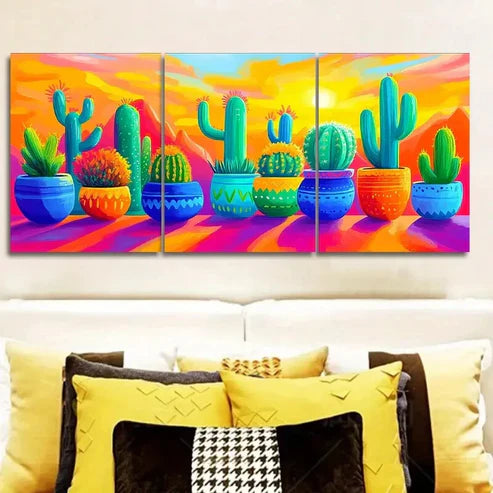 3pcs Cactus in colorful flower POTS Wall Art Set Canvas Unframed - High Quality Print 100% Australian Made Wall Canvas - Bella Home Decor