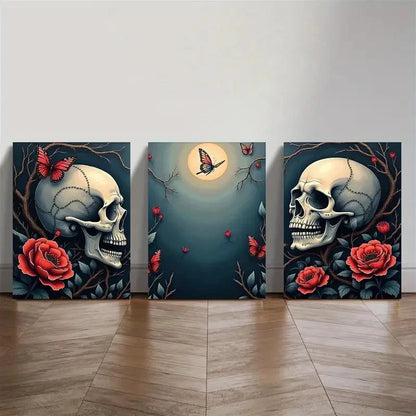 3pcs  Gothic Skull and Floral Moonlight   Wall Art Set Canvas Framed 40x60cm - High Quality Print 100% Australian Made Wall Canvas Ready to Hang - Bella Home Decor