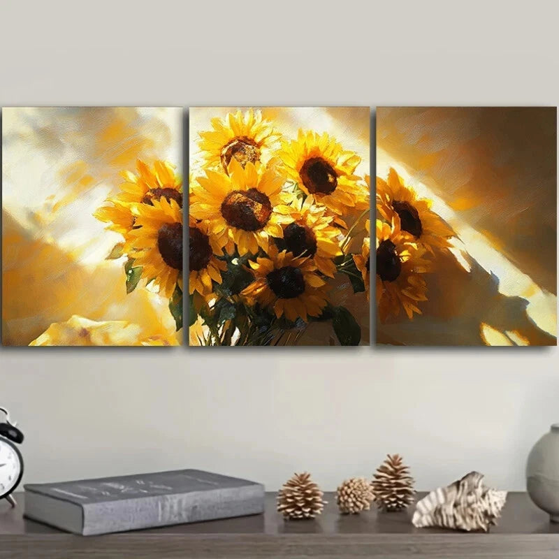 3pcs Beautiful Sunflowers Sunrise Lights Metal Print Ready to Hang Art