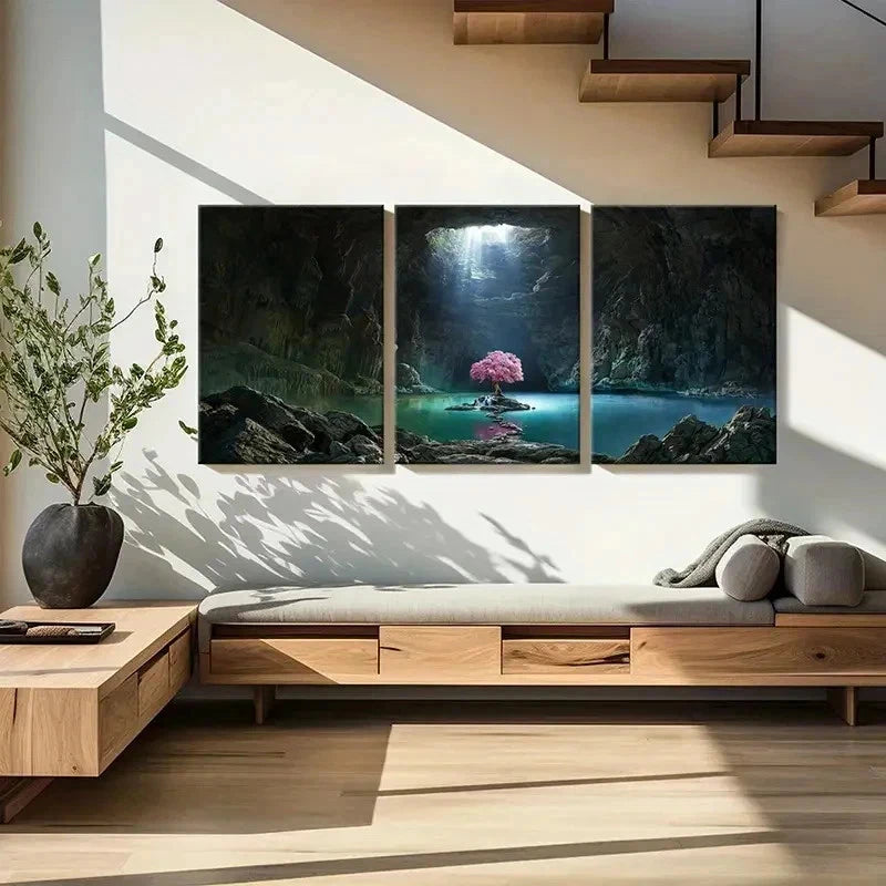 3pcs Mystical Cave with Glowing Tree & Lake Wall Art Set Canvas Framed 60x90cm - High Quality Print 100% Australian Made Wall Canvas Ready to Hang