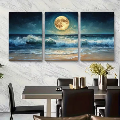 3pcs Turbulent Ocean Shore Painting Full Moon Metal Print Ready to Hang Art