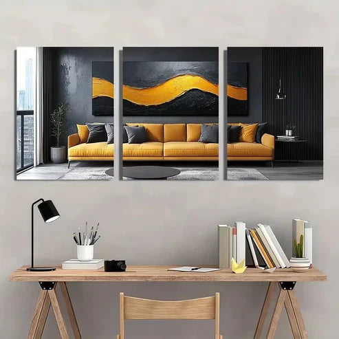 3pcs Chic Black Abstract Yellow Wall Art Set Canvas Unframed - High Quality Print 100% Australian Made Wall Canvas - Bella Home Decor