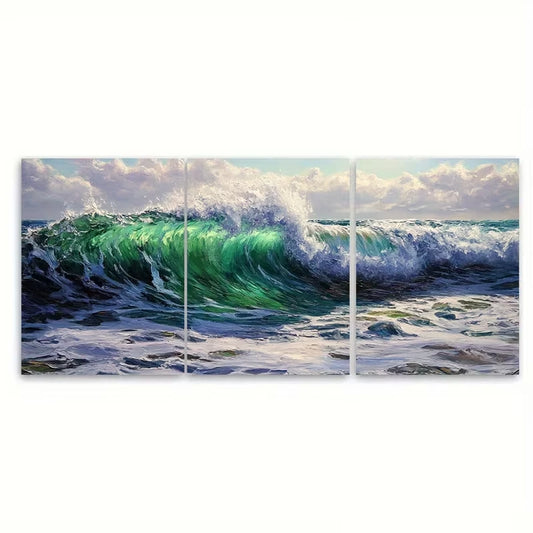 3pcs Emerald Wave, Turbulent Ocean Metal Print Ready to Hang Art