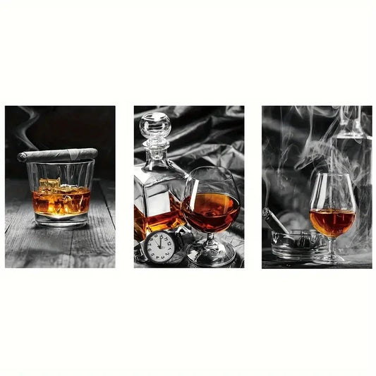 3pcs Vintage Bottle and Glass Theme, Metal Print Ready to Hang Art