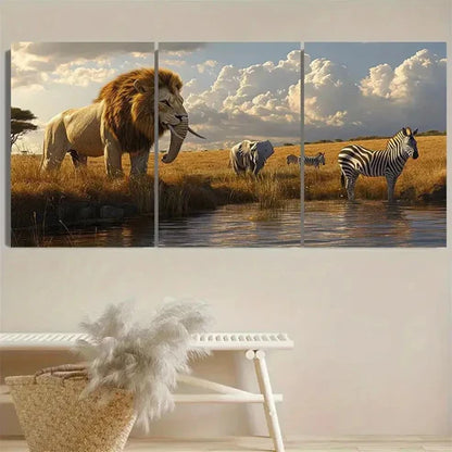 3pcs Majestic Lion, Elephant & Zebra Wall Art Set Canvas Unframed - High Quality Print 100% Australian Made Wall Canvas - Bella Home Decor