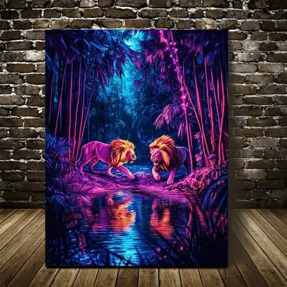 Surreal Lion Chase Neon Glow Painting 40x60cm Metal Print Ready to Hang - Bella Home Decor