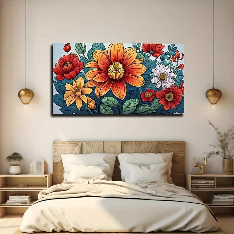Orange & White Flowers On Gray Wall Art Canvas Office Home Room Framed 120x60cm