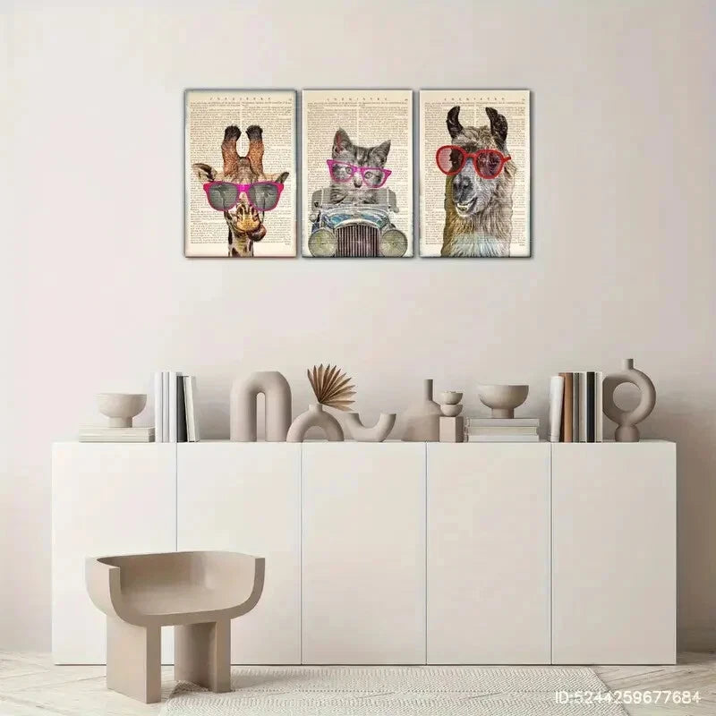 3pcs Minimalist Animal Wall Art with Glasses Metal Print Ready to Hang Art