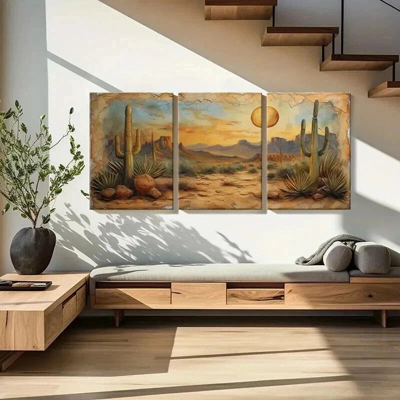 3pcs Desert Landscape Cactus Mountains Sunset Wall Art Set Canvas Framed 60x90cm - High Quality Print 100% Australian Made Wall Canvas Ready to Hang - Bella Home Decor
