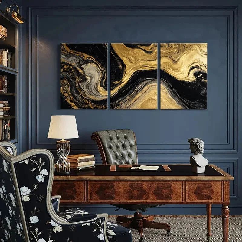 3pcs Abstract Art Golden Black Waves Poster Metal Print Ready to Hang Art - Bella Home Decor