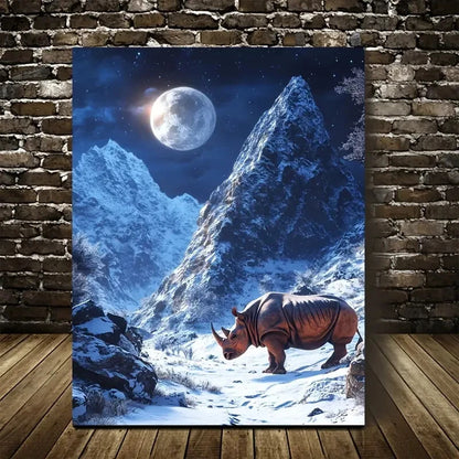 Dreamlike Rhino Scene Under Moonlight Painting 40x60cm Metal Print Ready to Hang - Bella Home Decor