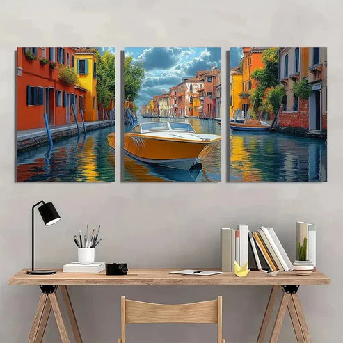 3pcs Venice Canal Colorful Waterfront Wall Art Set Canvas Unframed - High Quality Print 100% Australian Made Wall Canvas