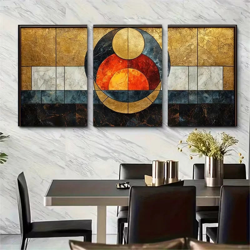3pcs Marbled Geometric Neutral Golden Tones Metal Print Ready to Hang Art