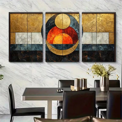 3pcs Marbled Geometric Neutral Golden Tones Metal Print Ready to Hang Art