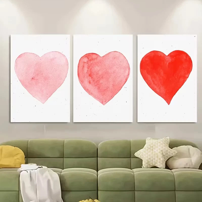 3pcs Red & Pink Hearts with Sparkling Accents Print Ready to Hang Art