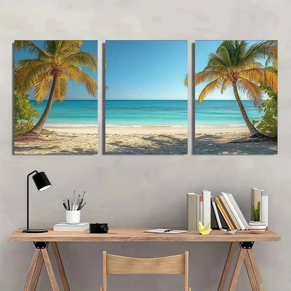 Three beach-themed wall art panels above a desk with office supplies.