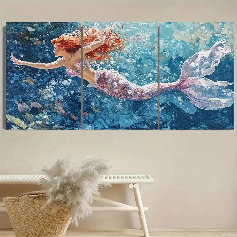 3pcs Fancy Mermaid French Coastal Metal Print Ready to Hang Art - Bella Home Decor