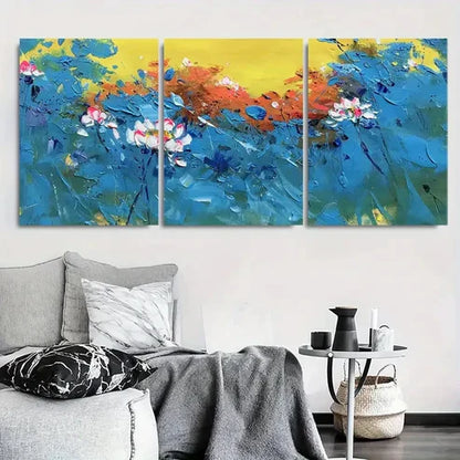 3pcs Lotus Blossoms with Vibrant Blue and Yellow Wall Art Set Canvas Unframed - High Quality Print 100% Australian Made Wall Canvas
