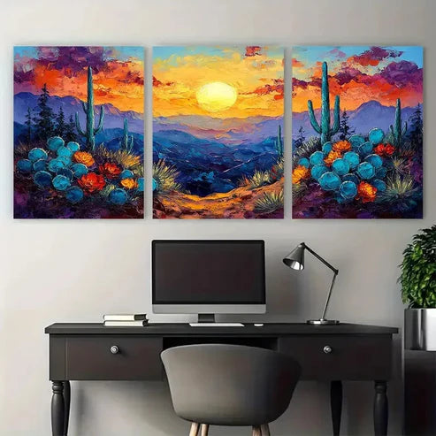 3pcs Arizona Desert Cactus Sunset Scene Wall Art Set Canvas Unframed - High Quality Print 100% Australian Made Wall Canvas - Bella Home Decor