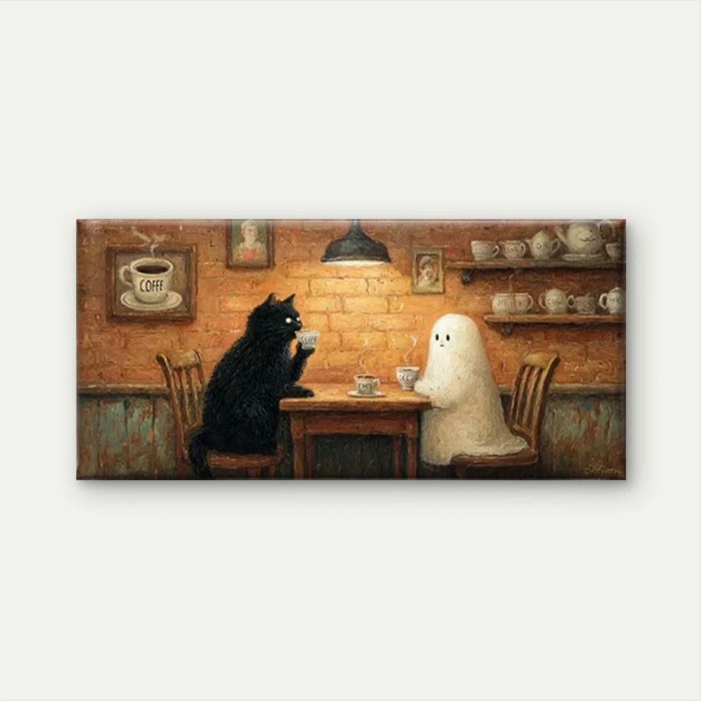 Black Cat & Cute Ghost Wall Art Canvas Office Home Room Framed 120x60cm