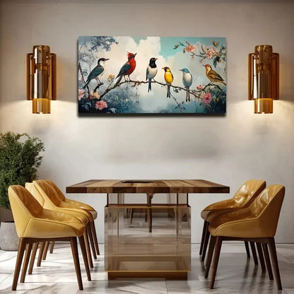 Six Birds Perched On Flowering Wall Art Canvas Office Home Room Framed 120x60cm