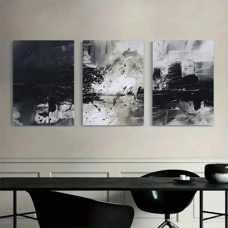 3pcs Abstract Black & White Brushstrokes Metal Print Ready to Hang Art - Bella Home Decor