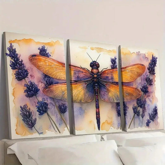 3pcs Dragonfly & Lavender Watercolor ry Wall Art Set Canvas Framed 50x70cm - High Quality Print 100% Australian Made Wall Canvas Ready to Hang