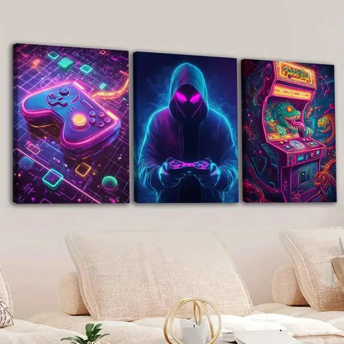 3pcs Fashion Sports Games Neon Style Mouse Game Wall Art Set Canvas Unframed - High Quality Print 100% Australian Made Wall Canvas