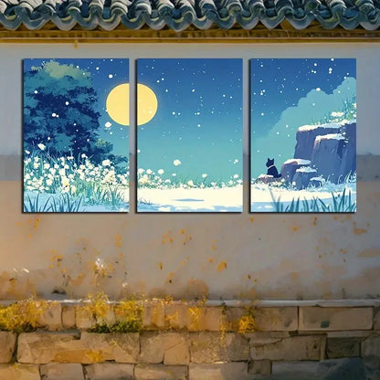 3pcs Moonlit Field with Cat illustration Metal Print Ready to Hang Art - Bella Home Decor