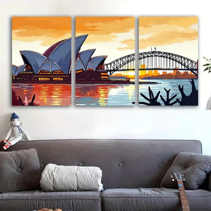3pcs Sydney Harbour Evening Glow Wall Art Set Canvas Framed 40x60cm - High Quality Print 100% Australian Made Wall Canvas Ready to Hang