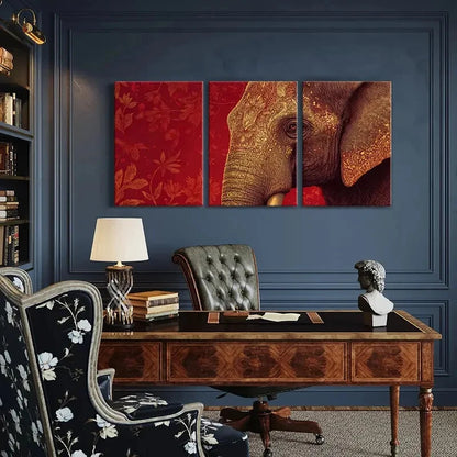 3pcs Elephant Art Intricate Design Golden Details Metal Print Ready to Hang Art - Bella Home Decor