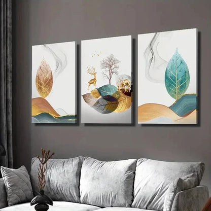 3pcs Light Luxury Gilded Deer And Lucky Tree Wall Art Canvas Unframed - High Quality Print 100% Australian Made Wall Canvas