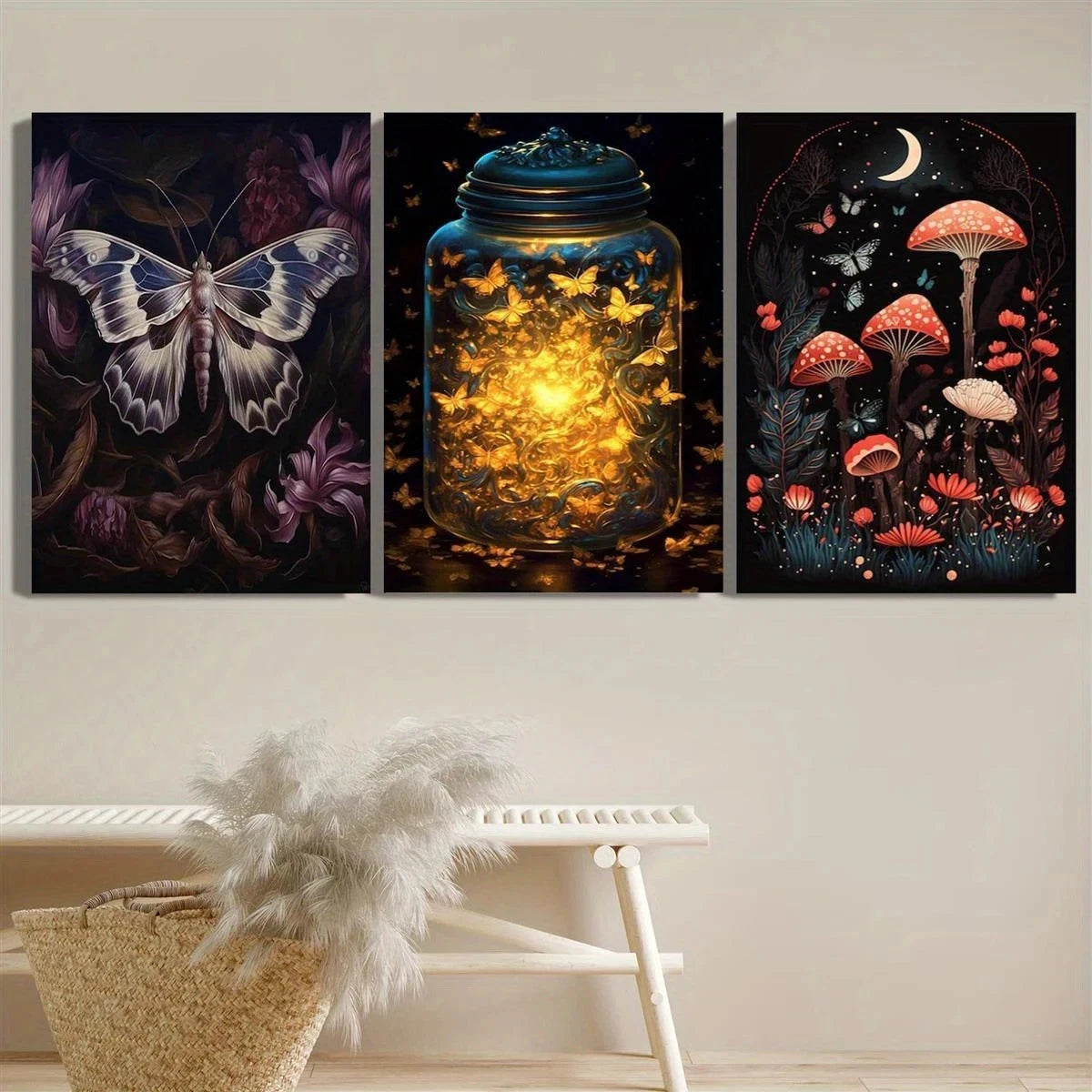 3pcs Dreamy Flying Moths Glowing Bottles Metal Print Ready to Hang Art - Bella Home Decor