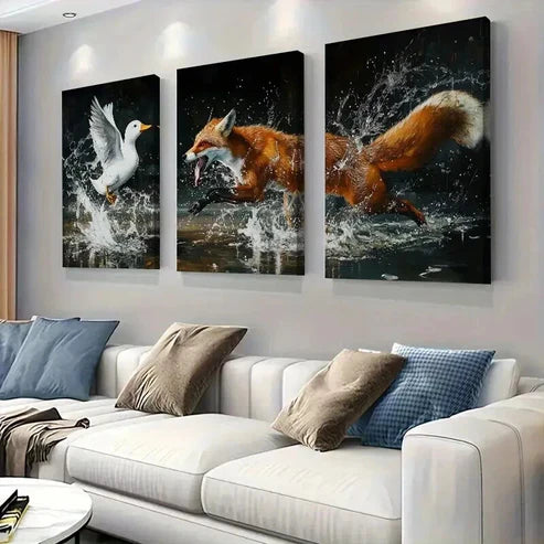3pcs Fox & Duck Nature Scene with Splash Water Wall Art Set Canvas Unframed - High Quality Print 100% Australian Made Wall Canvas - Bella Home Decor