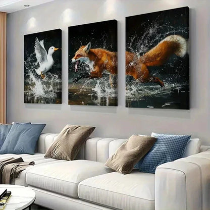 3pcs Fox & Duck Nature Scene with Splash Water Wall Art Set Canvas Unframed - High Quality Print 100% Australian Made Wall Canvas - Bella Home Decor