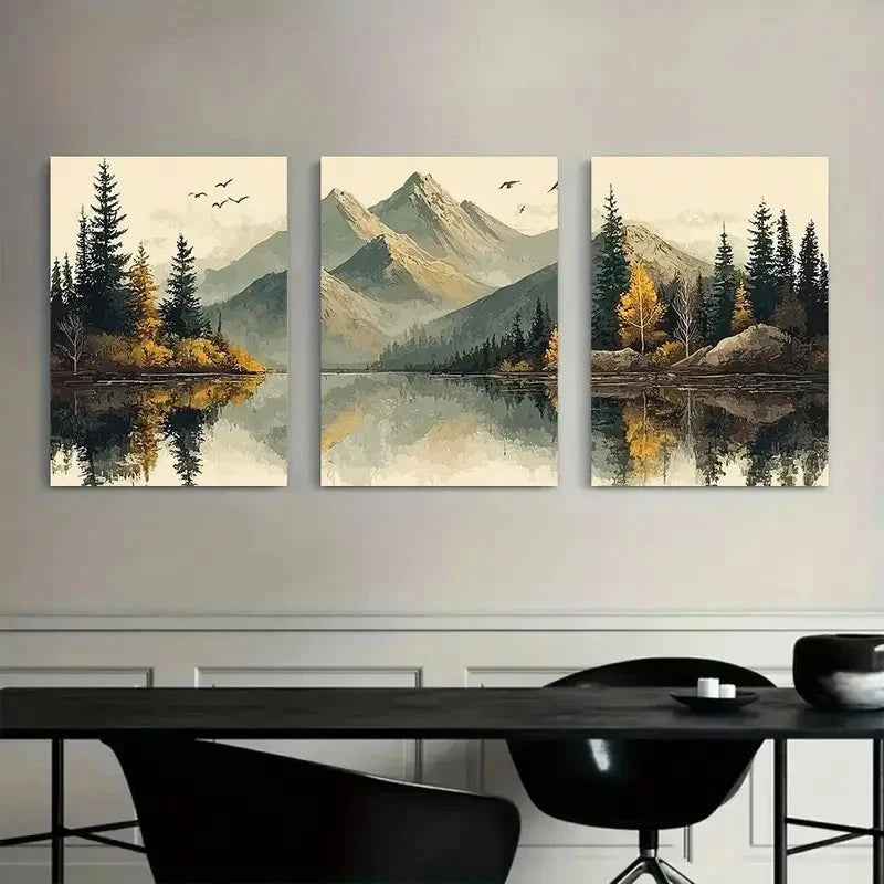 3pcs Autumn Winter Landscape with Mountains Metal Print Ready to Hang Art - Bella Home Decor